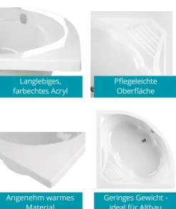 Calmwaters® Eckbadewanne Komplettset 150x150 cm mit Wannenträger, Acrylwanne Curved Wellness, Ab- & Überlaufgarnitur, Duowanne für 2, Sitzbadewanne, Set Sitz-Badewanne komplett, Weiß, 99000091