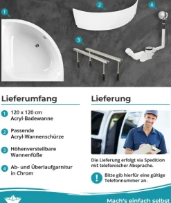 Calmwaters® Eckbadewanne Komplettset 120x120 cm Modern Small 2, Made in EU, 4in1 Acryl-Wanne mit Schürze, Wannenfüßen & Ablaufgarnitur, Duowanne für 2, Set Badewanne komplett, 120 x 120, Weiß, 99000047