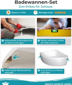 Calmwaters® Eckbadewanne Komplettset 120x120 cm Modern Small 2, Made in EU, 4in1 Acryl-Wanne mit Schürze, Wannenfüßen & Ablaufgarnitur, Duowanne für 2, Set Badewanne komplett, 120 x 120, Weiß, 99000047