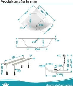 Calmwaters® Eckbadewanne Komplettset 120x120 cm Modern Small 2, Made in EU, 4in1 Acryl-Wanne mit Schürze, Wannenfüßen & Ablaufgarnitur, Duowanne für 2, Set Badewanne komplett, 120 x 120, Weiß, 99000047