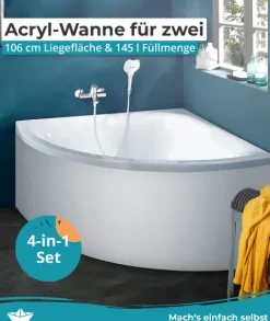 Calmwaters® Eckbadewanne Komplettset 120x120 cm Modern Small 2, Made in EU, 4in1 Acryl-Wanne mit Schürze, Wannenfüßen & Ablaufgarnitur, Duowanne für 2, Set Badewanne komplett, 120 x 120, Weiß, 99000047