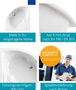 Calmwaters® Eckbadewanne 150x150 cm mit Sitz, Acrylwanne Curved Wellness, Duo-Badewanne für zwei Personen, Sitzbadewanne, Maße 150 x 150 cm, Eck-Badewanne in Weiß - 02SL3015