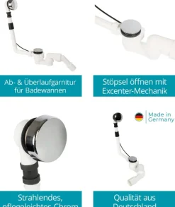 Calmwaters® Excenter-Ablaufgarnitur für Badewannen, Badewannengarnitur mit Überlauf und Excenterbedienung, Überlaufgarnitur für Rechteckwannen, Kunststoff, Chrom, Weiß, 31PM5074