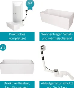 Calmwaters® Premium Badewanne Komplettset 180x80 cm mit Wannenträger & Ablaufgarnitur, Made in EU, Duobadewanne für 2, Set Acryl-Badewanne rechteckig, Moderne Rechteck Badewanne 180 x 80 cm, Weiß, 99000158