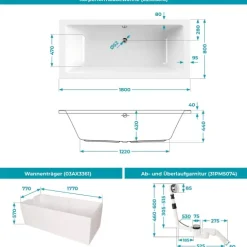 Calmwaters® Premium Badewanne Komplettset 180x80 cm mit Wannenträger & Ablaufgarnitur, Made in EU, Duobadewanne für 2, Set Acryl-Badewanne rechteckig, Moderne Rechteck Badewanne 180 x 80 cm, Weiß, 99000158