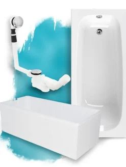 Calmwaters® Premium Badewanne Komplettset 170x75 cm Original, Made in EU, 3in1 Acryl-Badewanne mit Wannenträger & Ablaufgarnitur, Körperformbadewanne, Rechteckbadewanne 170 x 75, 200 l, Weiß, 99000088