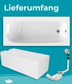 Calmwaters® Premium Badewanne Komplettset 170x75 cm Original, Made in EU, 3in1 Acryl-Badewanne mit Wannenträger & Ablaufgarnitur, Körperformbadewanne, Rechteckbadewanne 170 x 75, 200 l, Weiß, 99000088