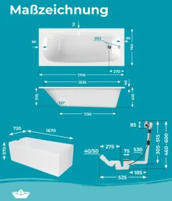 Calmwaters® Premium Badewanne Komplettset 170x75 cm Original, Made in EU, 3in1 Acryl-Badewanne mit Wannenträger & Ablaufgarnitur, Körperformbadewanne, Rechteckbadewanne 170 x 75, 200 l, Weiß, 99000088