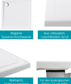 Calmwaters® Quadrat-Duschwanne Modern Select, eckige bodengleiche Brausewanne aus Acryl, 80 x 80 x 2,5 cm mit Ablaufloch in 90 mm, Duschtasse in Weiß, 01SL2983