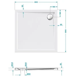 Calmwaters® Quadrat-Duschwanne Modern Select, eckige bodengleiche Brausewanne aus Acryl, 80 x 80 x 2,5 cm mit Ablaufloch in 90 mm, Duschtasse in Weiß, 01SL2983