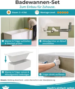 Calmwaters® Raumspar-Badewannen-Set 160x70 cm, Made in EU, mit Wannenträger & Ablaufgarnitur,, Acrylwanne Essential Small, platzsparende Wanne, Set Badewanne komplett, 160 x 70 cm, Weiß, 99000324