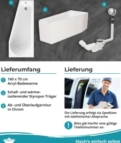 Calmwaters® Raumspar-Badewannen-Set 160x70 cm, Made in EU, mit Wannenträger & Ablaufgarnitur,, Acrylwanne Essential Small, platzsparende Wanne, Set Badewanne komplett, 160 x 70 cm, Weiß, 99000324