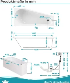 Calmwaters® Raumspar-Badewannen-Set 160x70 cm, Made in EU, mit Wannenträger & Ablaufgarnitur,, Acrylwanne Essential Small, platzsparende Wanne, Set Badewanne komplett, 160 x 70 cm, Weiß, 99000324