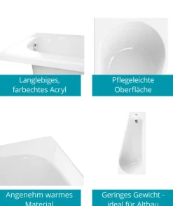 Calmwaters® Raumsparende Eckbadewanne 160x70 cm, Acrylwanne Essential Small, platzsparende Badewanne in linker Ausführung, Maße 160 x 70 cm, Eck-Badewanne in Weiß, 02SL3328