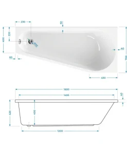 Calmwaters® Raumsparende Eckbadewanne 160x70 cm, Acrylwanne Essential Small, platzsparende Badewanne in linker Ausführung, Maße 160 x 70 cm, Eck-Badewanne in Weiß, 02SL3328