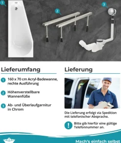 Calmwaters® Raumsparende Eckbadewanne 160x70 cm Essential Small, Made in EU, 3in1 Acryl-Badewanne mit Wannenfüßen & Ablaufgarnitur, platzsparende Badewanne rechte Ausführung, 160 x 70 cm, Weiß, 99000326