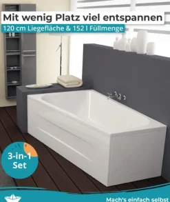 Calmwaters® Raumsparende Eckbadewanne 160x70 cm Essential Small, Made in EU, 3in1 Acryl-Badewanne mit Wannenfüßen & Ablaufgarnitur, platzsparende Badewanne rechte Ausführung, 160 x 70 cm, Weiß, 99000326