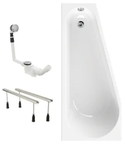 Calmwaters® Raumsparende Eckbadewanne 160x70 cm Essential Small, Made in EU, 3in1 Acryl-Badewanne mit Wannenfüßen & Ablaufgarnitur, platzsparende Badewanne rechte Ausführung, 160 x 70 cm, Weiß, 99000326