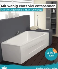 Calmwaters® Raumsparende Eckbadewanne 160x70 cm Essential Small, Made in EU, 3in1 Acryl-Badewanne mit Wannenfüßen & Ablaufgarnitur, platzsparende Badewanne linke Ausführung, 160 x 70 cm, Weiß, 99000322