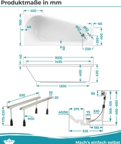 Calmwaters® Raumsparende Eckbadewanne 160x70 cm Essential Small, Made in EU, 3in1 Acryl-Badewanne mit Wannenfüßen & Ablaufgarnitur, platzsparende Badewanne linke Ausführung, 160 x 70 cm, Weiß, 99000322