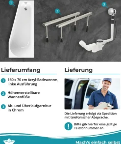 Calmwaters® Raumsparende Eckbadewanne 160x70 cm Essential Small, Made in EU, 3in1 Acryl-Badewanne mit Wannenfüßen & Ablaufgarnitur, platzsparende Badewanne linke Ausführung, 160 x 70 cm, Weiß, 99000322