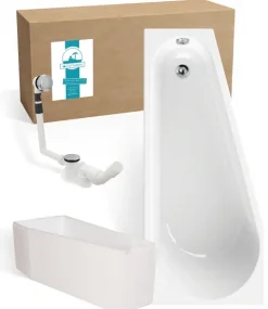 Calmwaters® Raumsparende Eckbadewanne 160x70 cm, Set mit Acrylwanne Essential Small, Wannenträger, Ab- und Überlaufgarnitur, platzsparende Badewanne rechter Ausführung, 160 x 70 cm, Weiß, 99000328