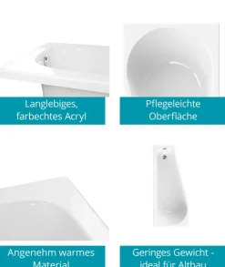 Calmwaters® Raumsparende Eckbadewanne 160x70 cm, Set mit Acrylwanne Essential Small, Wannenträger, Ab- und Überlaufgarnitur, platzsparende Badewanne rechter Ausführung, 160 x 70 cm, Weiß, 99000328