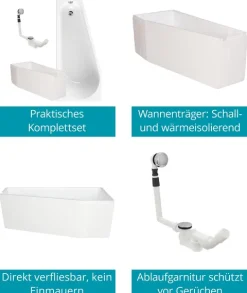 Calmwaters® Raumsparende Eckbadewanne 160x70 cm, Set mit Acrylwanne Essential Small, Wannenträger, Ab- und Überlaufgarnitur, platzsparende Badewanne rechter Ausführung, 160 x 70 cm, Weiß, 99000328
