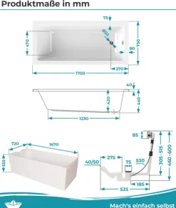 Calmwaters® Rechteck Badewanne Komplettset 170x75 cm mit Wannenträger & Ablaufgarnitur, Körperformwanne, Set Acryl-Badewanne komplett, Rechteckbadewanne Modern Square 170 x 75 cm, Weiß, 99000165