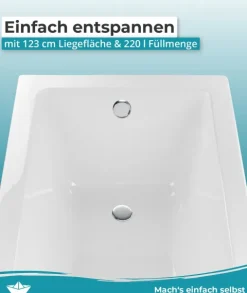 Calmwaters® Rechteck Badewanne Komplettset 170x75 cm mit Wannenträger & Ablaufgarnitur, Körperformwanne, Set Acryl-Badewanne komplett, Rechteckbadewanne Modern Square 170 x 75 cm, Weiß, 99000165