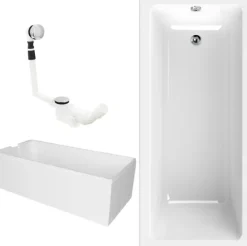 Calmwaters® Rechteck Badewanne Komplettset 170x75 cm mit Wannenträger & Ablaufgarnitur, Körperformwanne, Set Acryl-Badewanne komplett, Rechteckbadewanne Modern Square 170 x 75 cm, Weiß, 99000165