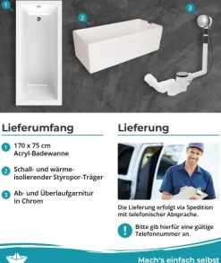 Calmwaters® Rechteck Badewanne Komplettset 170x75 cm mit Wannenträger & Ablaufgarnitur, Körperformwanne, Set Acryl-Badewanne komplett, Rechteckbadewanne Modern Square 170 x 75 cm, Weiß, 99000165