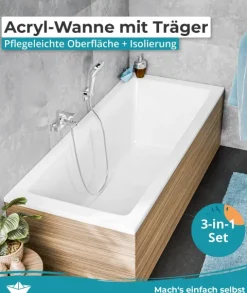 Calmwaters® Rechteck Badewanne Komplettset 170x75 cm mit Wannenträger & Ablaufgarnitur, Körperformwanne, Set Acryl-Badewanne komplett, Rechteckbadewanne Modern Square 170 x 75 cm, Weiß, 99000165