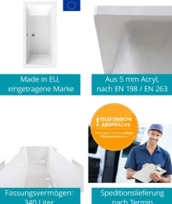 Calmwaters® Rechteck-Badewanne 200x90 cm, Acrylwanne Modern Square 2, Duo-Badewanne für zwei Personen, ergonomische Körperformbadewanne, Maße 200 x 90 cm, Rechteckbadewanne Weiß, 02SL3323