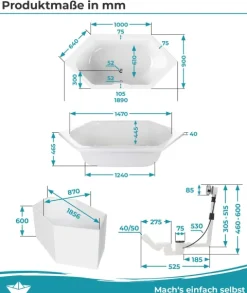 Calmwaters® Sechseck Badewanne Komplettset 190x90 cm mit Wannenträger & Ablaufgarnitur, Acrylwanne Exclusive, Duo-Badewanne für 2, Set Badewanne komplett, 6 Eck Badewanne 190 x 90, Weiß, 99000014