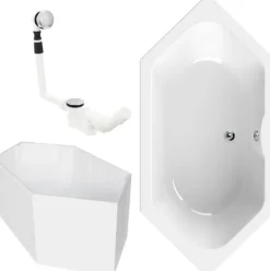 Calmwaters® Sechseck Badewanne Komplettset 190x90 cm mit Wannenträger & Ablaufgarnitur, Acrylwanne Exclusive, Duo-Badewanne für 2, Set Badewanne komplett, 6 Eck Badewanne 190 x 90, Weiß, 99000014