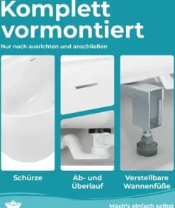 Calmwaters Vorwand-Badewanne 180x80 cm Komplettset Seamless Comfort, fugenloses Design, vormontiert mit Schürze & Ablaufgarnitur, Made in EU, Acryl, 02SL6220