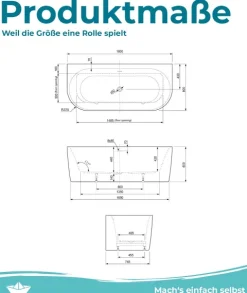 Calmwaters Vorwand-Badewanne 180x80 cm Komplettset Seamless Comfort, fugenloses Design, vormontiert mit Schürze & Ablaufgarnitur, Made in EU, Acryl, 02SL6220