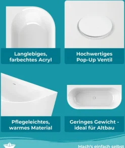 Calmwaters Vorwand-Badewanne 180x80 cm Komplettset Seamless Comfort, fugenloses Design, vormontiert mit Schürze & Ablaufgarnitur, Made in EU, Acryl, 02SL6220