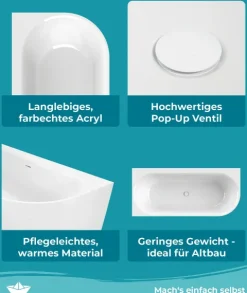 Calmwaters® Vorwand-Badewanne 180x80 cm Komplettset Seamless Comfort, fugenloses Design, vormontiert mit Schürze & Ablaufgarnitur, rechte Ausführung, Made in EU, Acryl, 02SL6222