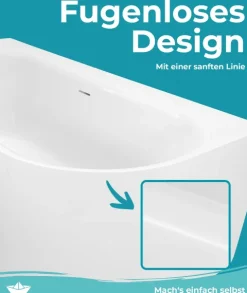 Calmwaters® Vorwand-Badewanne 180x80 cm Komplettset Seamless Comfort, fugenloses Design, vormontiert mit Schürze & Ablaufgarnitur, rechte Ausführung, Made in EU, Acryl, 02SL6222