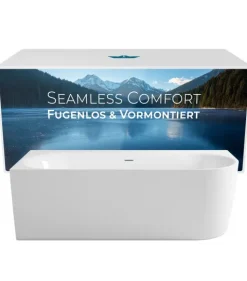Calmwaters® Vorwand-Badewanne 180x80 cm Komplettset Seamless Comfort, fugenloses Design, vormontiert mit Schürze & Ablaufgarnitur, rechte Ausführung, Made in EU, Acryl, 02SL6222