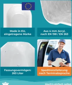 Calmwaters® Vorwand-Badewanne 180x80 cm Komplettset Seamless Comfort, fugenloses Design, vormontiert mit Schürze & Ablaufgarnitur, rechte Ausführung, Made in EU, Acryl, 02SL6222