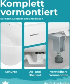 Calmwaters Vorwand-Badewanne 160x75 cm Komplettset Seamless Comfort, fugenloses Design vormontiert mit Schürze & Ablaufgarnitur, rechte Ausführung, Made in EU, Acryl, 02SL6223