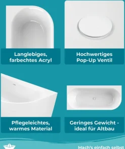 Calmwaters Vorwand-Badewanne 160x75 cm Komplettset Seamless Comfort, fugenloses Design vormontiert mit Schürze & Ablaufgarnitur, rechte Ausführung, Made in EU, Acryl, 02SL6223