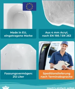 Calmwaters Vorwand-Badewanne 160x75 cm Komplettset Seamless Comfort, fugenloses Design vormontiert mit Schürze & Ablaufgarnitur, rechte Ausführung, Made in EU, Acryl, 02SL6223