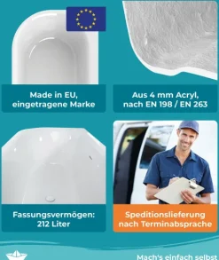 Calmwaters® Vorwand-Badewanne 160x75 cm Komplettset Seamless Comfort, fugenloses Design, vormontiert mit Schürze & Ablaufgarnitur, linke Ausführung, Made in EU, Acryl, 02SL6225