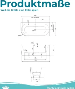Calmwaters® Vorwand-Badewanne 160x75 cm Komplettset Seamless Comfort, fugenloses Design, vormontiert mit Schürze & Ablaufgarnitur, linke Ausführung, Made in EU, Acryl, 02SL6225