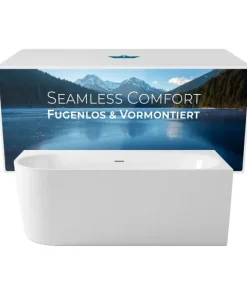 Calmwaters® Vorwand-Badewanne 160x75 cm Komplettset Seamless Comfort, fugenloses Design, vormontiert mit Schürze & Ablaufgarnitur, linke Ausführung, Made in EU, Acryl, 02SL6225
