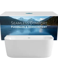 Calmwaters Vorwand-Badewanne 160x75 cm Komplettset Seamless Comfort, fugenloses Design, vormontiert mit Schürze & Ablaufgarnitur, Acryl, Made in EU, 02SL6221